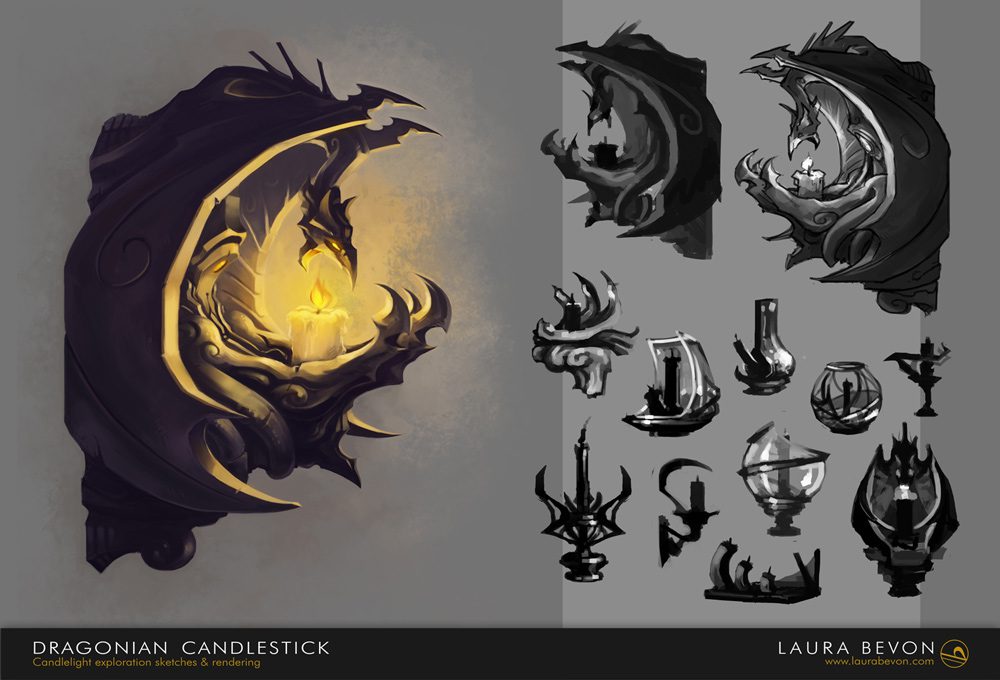 Asset design on a gothic candlestick in a dragon shape. Silhouettes and concepts on the right. Signature of Laura Bevon on the bottom right.