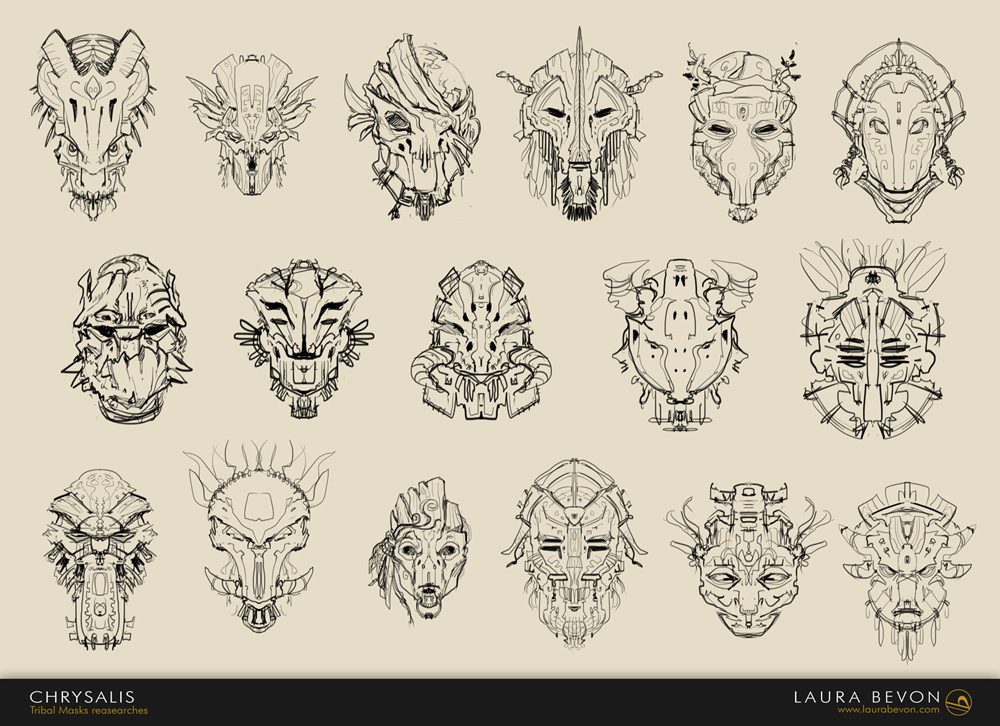 17 loose and often symmetrical sketches of tribal masks. Line art only. Signature of Laura Bevon at the bottom.