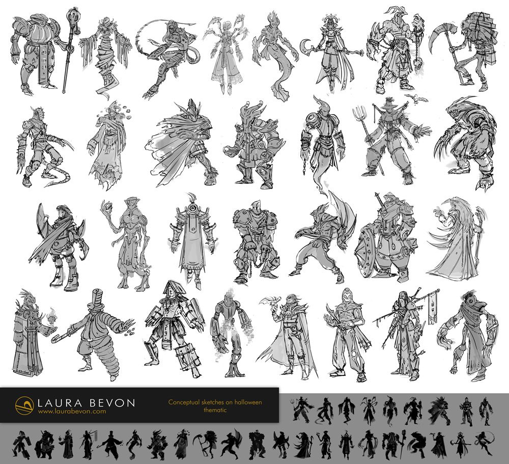31 loose sketches, depicting fantasy characters and creatures with and halloween vibe. Silhouettes and signature of Laura Bevon at the bottom.