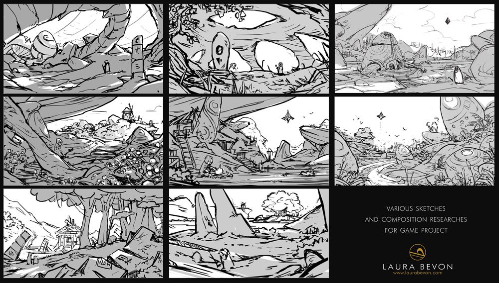 9 black and white and line compositions for illustrations of the Last Soul project: background designs and landscapes. Signature of Laura Bevon in the bottom right.