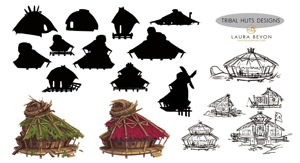 Digital painting of tribal huts, surrounded by silhouettes researches. Signature of Laura Bevon on the right side. Project The Last Soul.