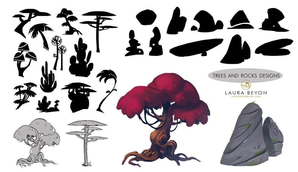 Digital painting of a fantasy tree and a rock, surrounded by silhouettes researches. Signature of Laura Bevon on the right side. Project The Last Soul.
