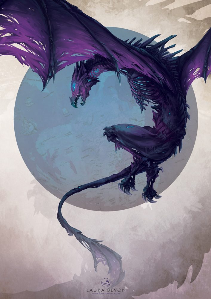 Illustration of a decaying purple dragon, the forgotten terror. Signed by Laura Bevon.