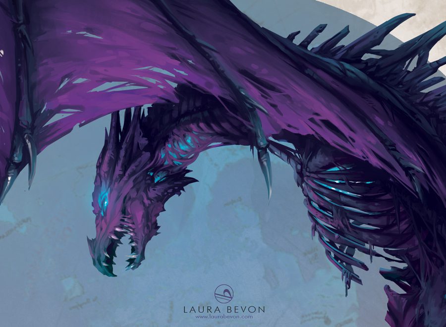 Close up on the head of a decaying purple dragon, the forgotten terror. Signed by Laura Bevon.