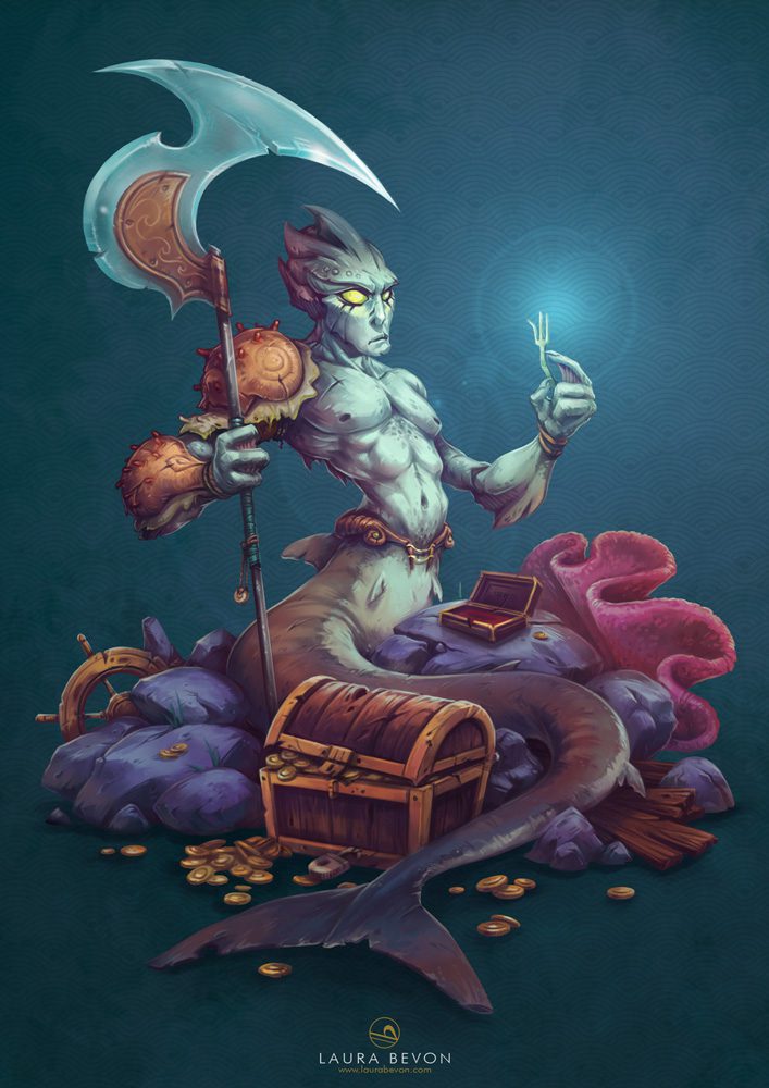 Illustration of a merman holding a massive glass scythe and looking at a fork he found in a treasure chest. Signature of Laura Bevon at the bottom.