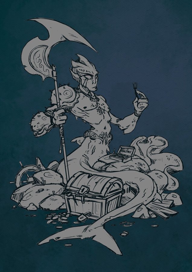 Sketch of a merman holding a scythe and looking at a fork he found in a treasure chest. Signature of Laura Bevon at the bottom.