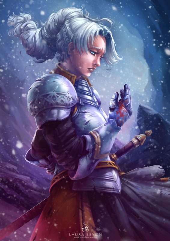 Fanart of Chris Lightfellow, standing on the side under snow and looking at her hands which is bleeding.
Signature of Laura Bevon at the bottom.