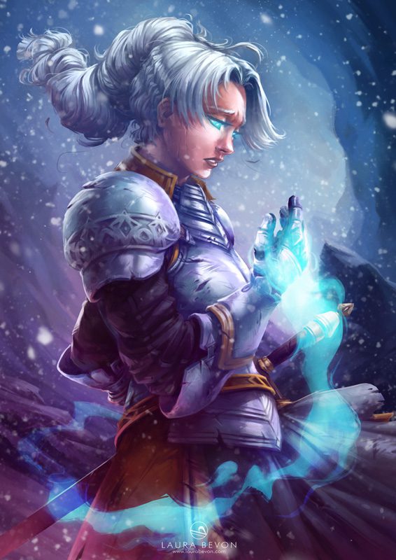 Fanart of Chris Lightfellow, standing on the side under snow and looking at her hands which radiate of magic.
Signature of Laura Bevon at the bottom.