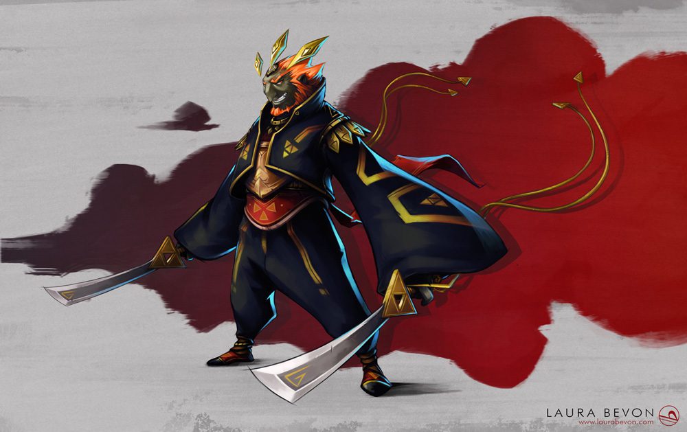 Stylized fanart of Ganondorf, holding two swords and standing in front of red smoke. Signature of Laura Bevon in the bottom right corner.