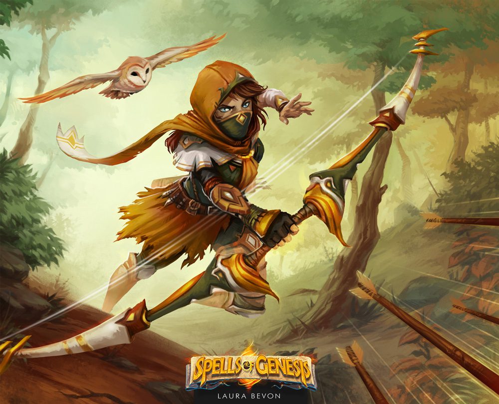 Illustration for Spell of Genesis : female archer coming forward, rand shooting her arrows. An owl fly behind her. Signature of Laura Bevon at the bottom.