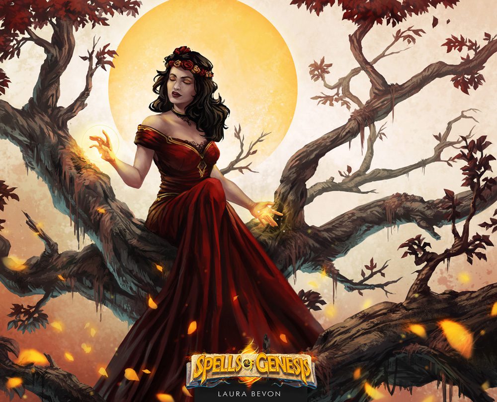 Illustration for Spell of Genesis : woman in red dress siting in a tree, with sun rising on her back.
Signature of Laura Bevon at the bottom.