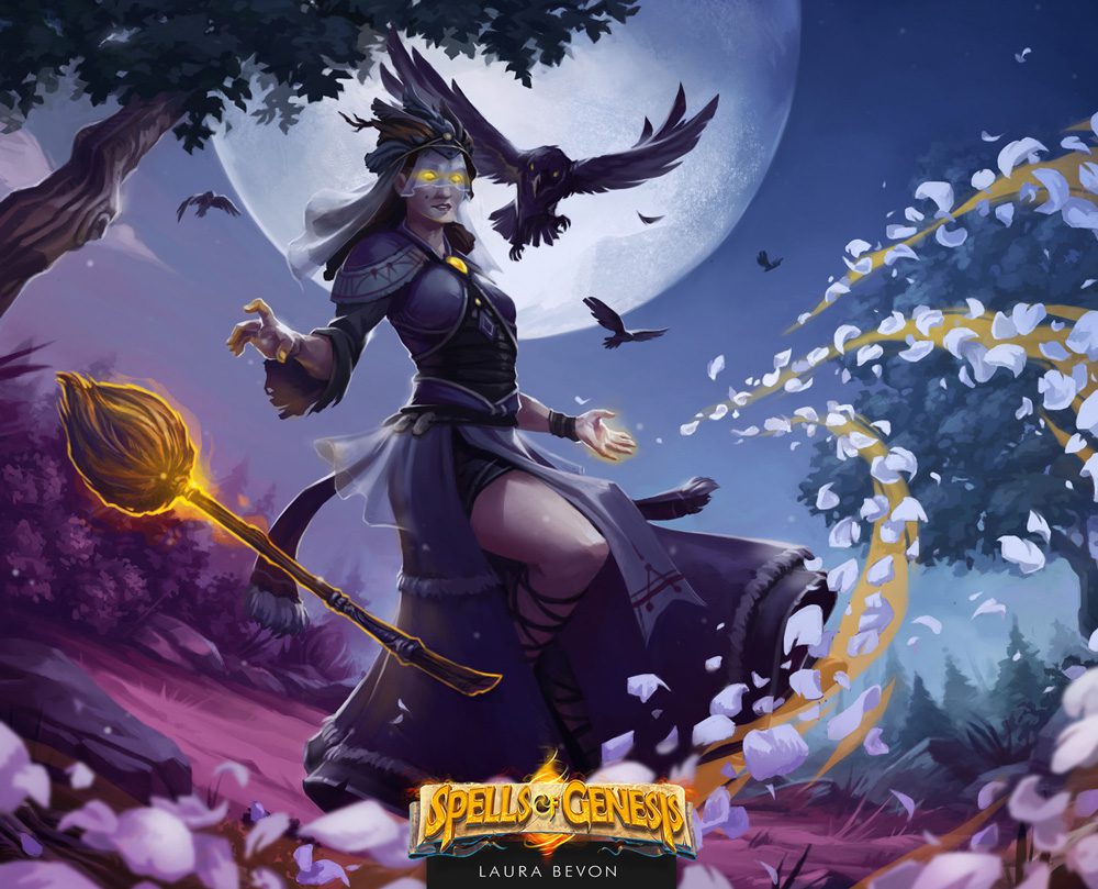 Illustration for Spell of Genesis : middle aged witch in a forest under moonlight, controlling her broom flower and petals magically. Signature of Laura Bevon at the bottom.
