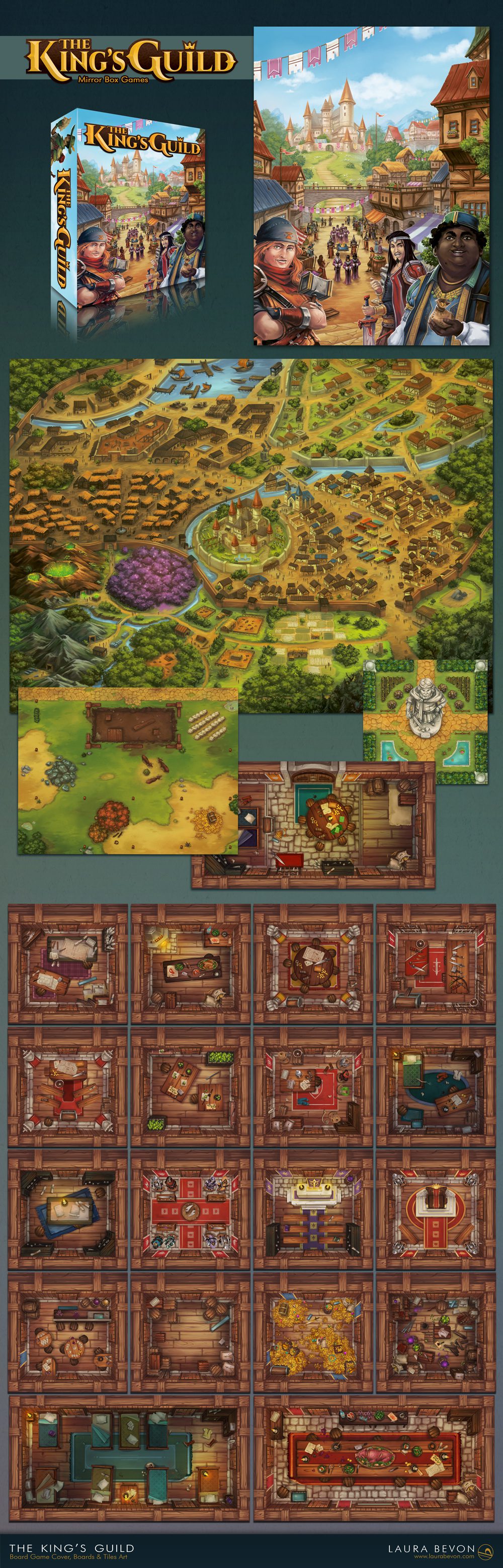 Board Game visuals for The King's Guild: 3d box, cover, board, and room tiles. Colourful medieval atmosphere.
Signature of Laura Bevon in the bottom right.