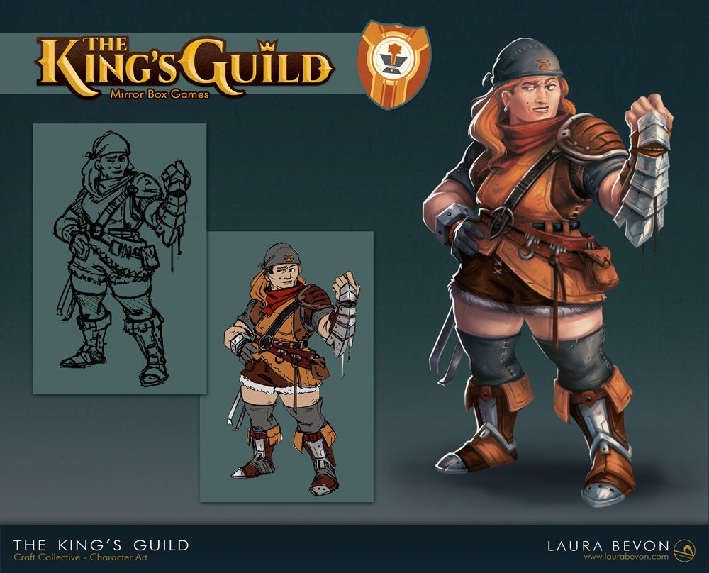 Character for The King's Guild: bulky woman in orange working clothes and with crafting tools
Signature of Laura Bevon in the bottom right.