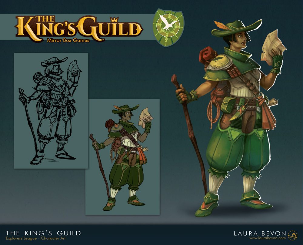 Character for The King's Guild: indian woman in a green explorer outfit.
Signature of Laura Bevon in the bottom right.