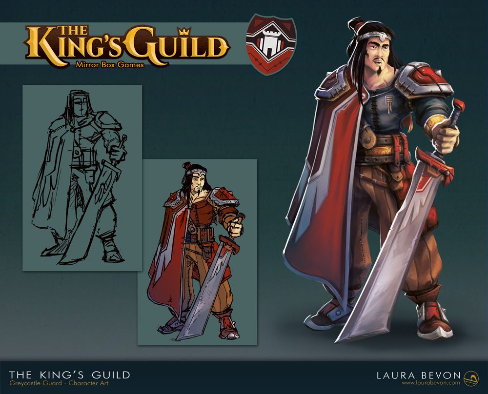 Character for The King's Guild: asian warrior with a huge sword and with a long red cape.
Signature of Laura Bevon in the bottom right.