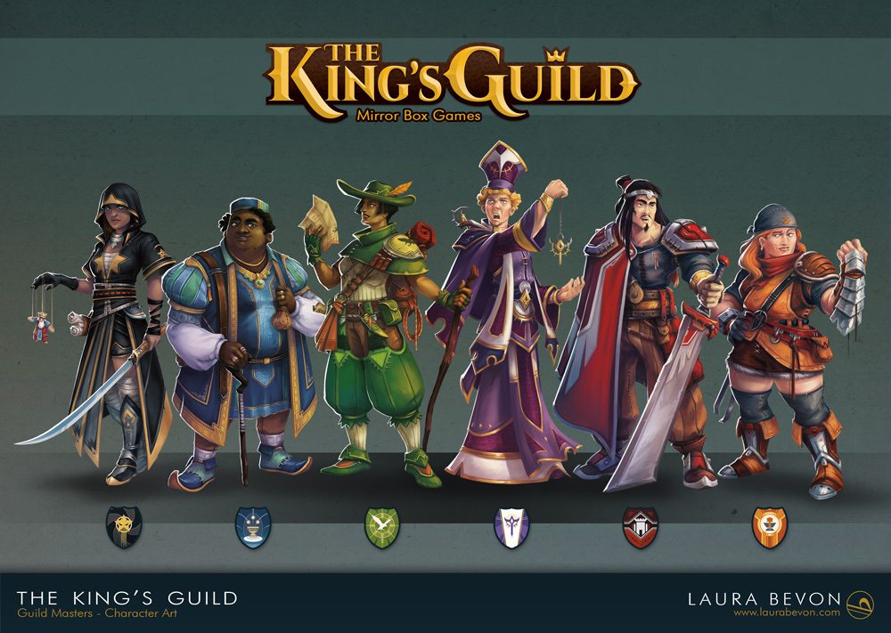Six colourful medieval fantasy characters presented side by side.
Signature of Laura Bevon in the bottom right.