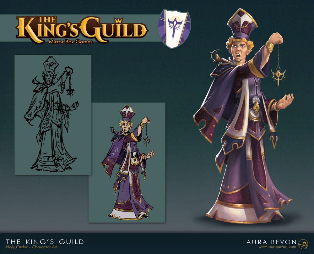 Character for The King's Guild: priest is impressive purple robe.
Signature of Laura Bevon in the bottom right.