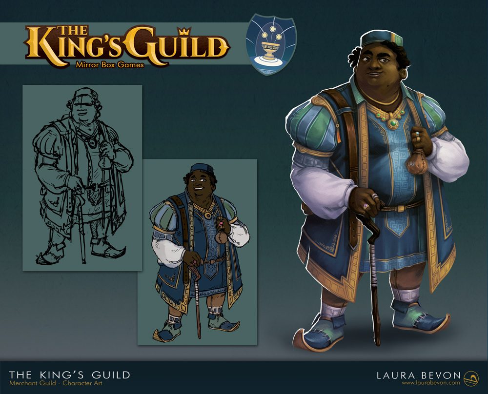 Character for The King's Guild: black merchant in rich blue clothes.
Signature of Laura Bevon in the bottom right.