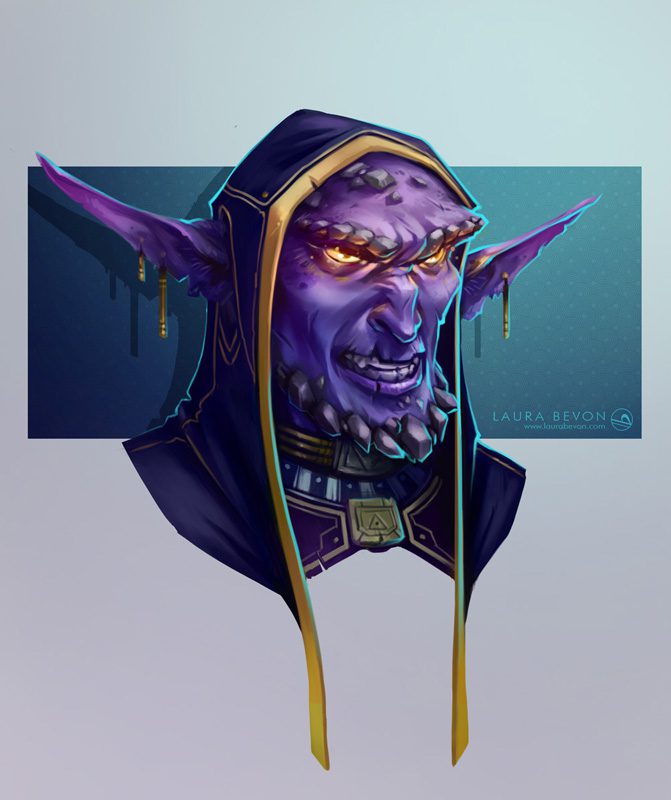 Portrait of a purple skin-colored goblin with a hood.