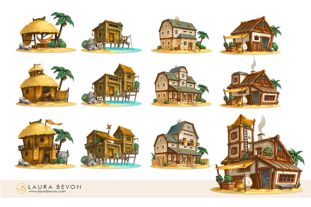 Evolutive beach house designs.
Signature of Laura Bevon in the bottom left.