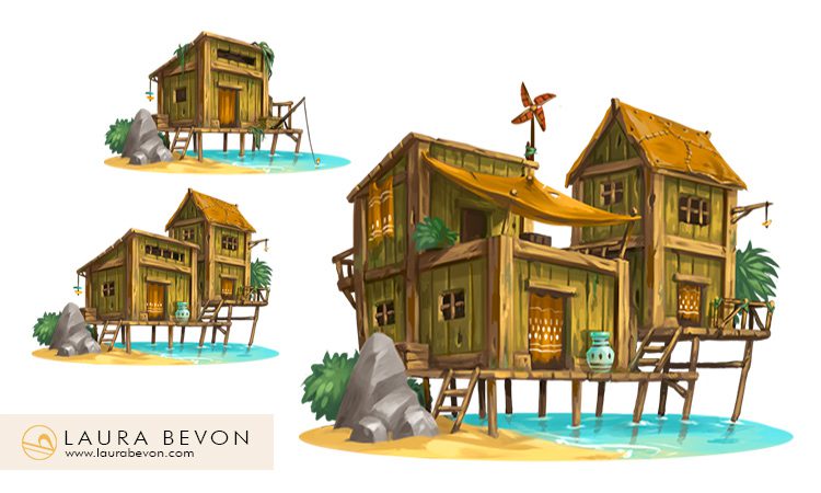Three evolutive wooden house on stilts design.
Signature of Laura Bevon in the bottom left.