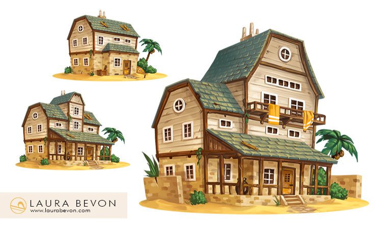 Three evolutive mansion design.
Signature of Laura Bevon in the bottom left.