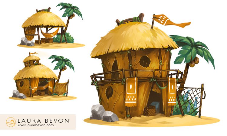 Three evolutive hut design.
Signature of Laura Bevon in the bottom left.