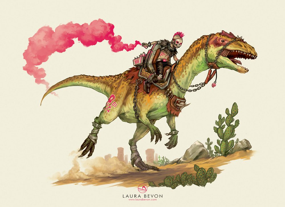 Colourful illustration of a dinosaur mounted by a punk racer with a pink smoke bomb, for the CDC.
Signature of Laura Bevon in the bottom.