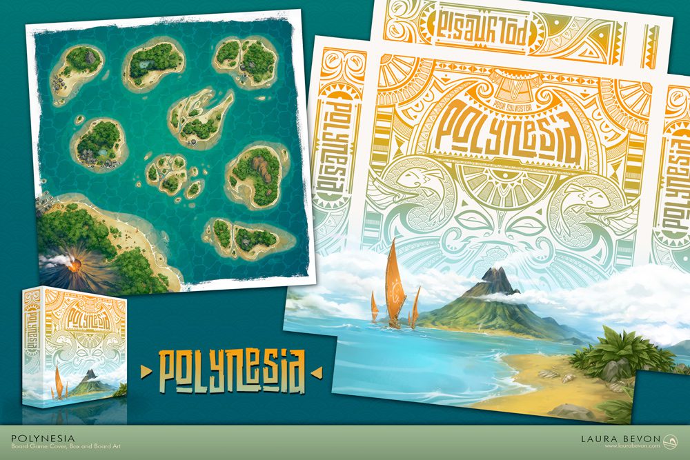 Board Game visuals for Polynesia: Box and board showing sea, islands and a volcano.
Signature of Laura Bevon in the bottom right.