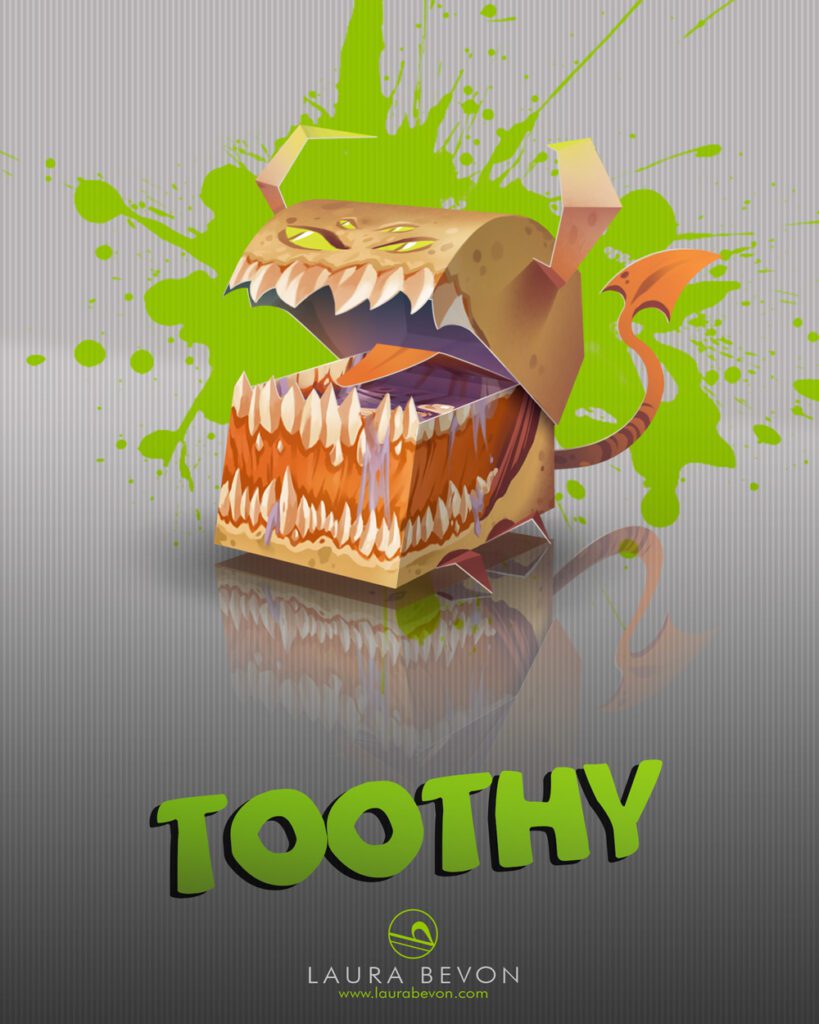 Visuals for Devil Crew papertoys: Toothy, mimic chest with huge mouth.
Title and signature of Laura Bevon at the bottom.