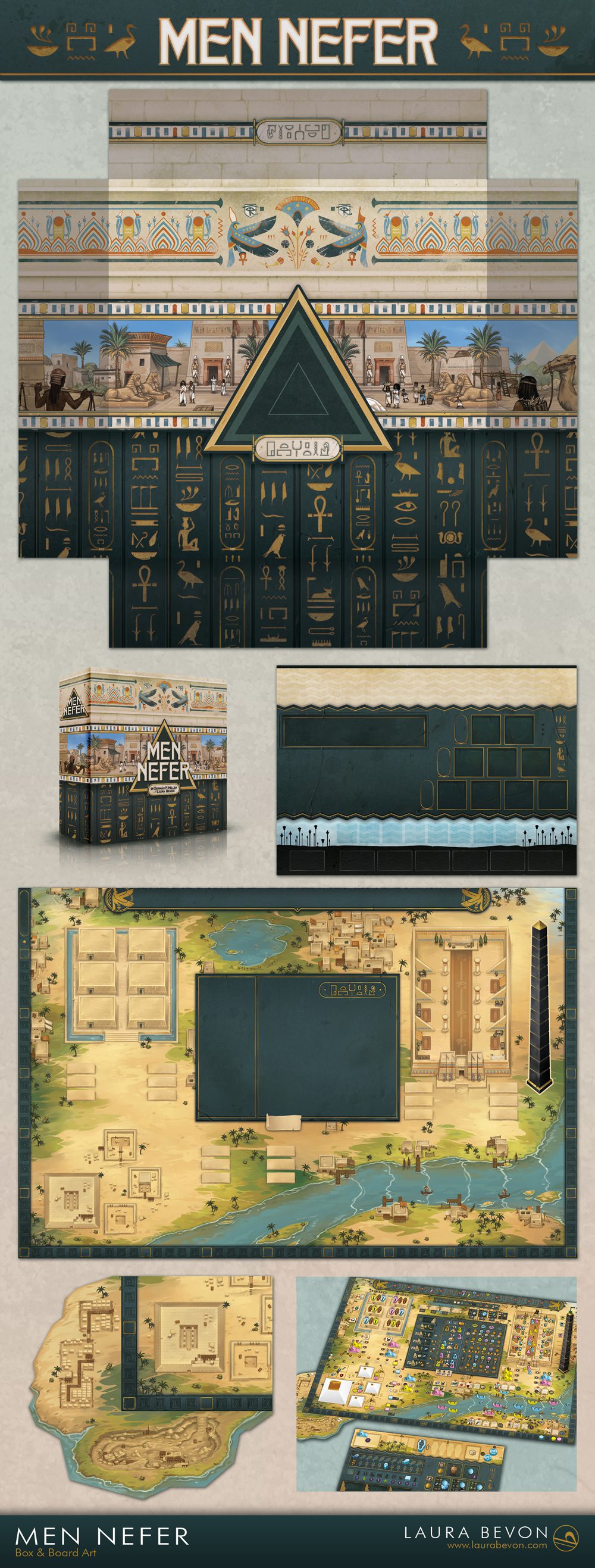 Board Game visuals for Mennefer: 3D box, cover illustration, player board and main board, all with egyptian style and deep blue color.
Signature of Laura Bevon in the bottom right.